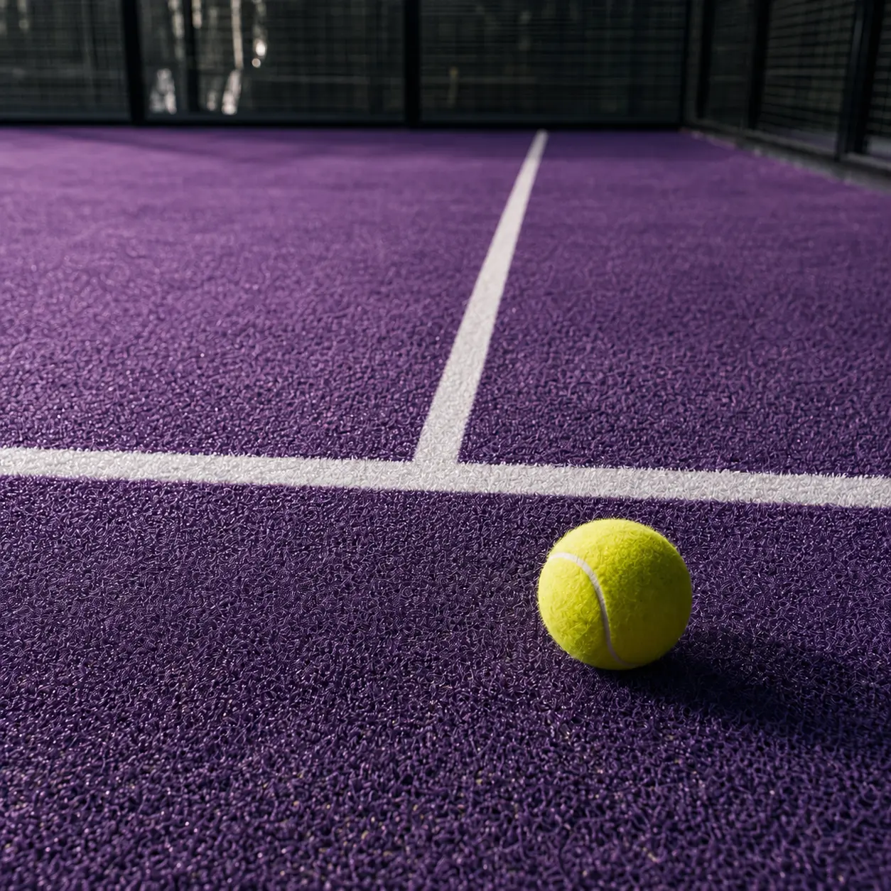 Fehér pályavonal és padellabda a lila műfüvön