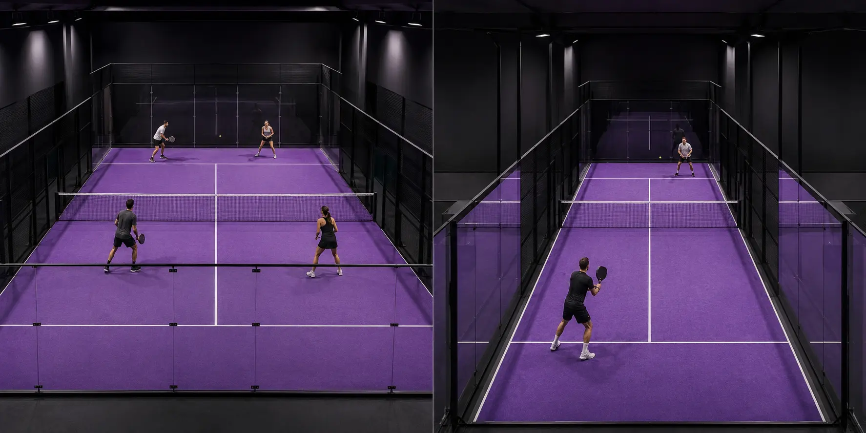 A 20 × 10 méteres páros és a 20 × 6 méteres single padelpálya összehasonlítása